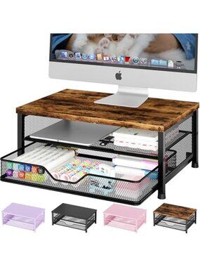 Metal Monitor Stand Desk Organizer With Drawer Two Tier Computer Riser Shelf